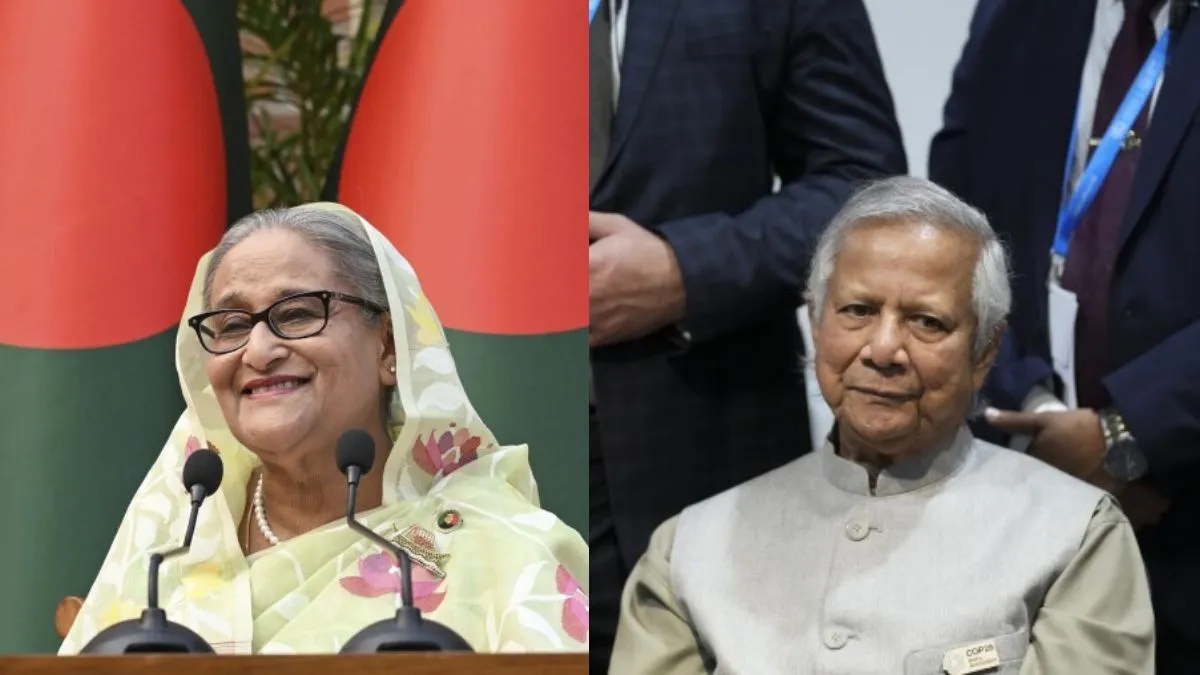 मोहम्मद यूनुस (बांग्लादेश के कार्यवाहक) और शेख हसीना पूर्व पीएम। 