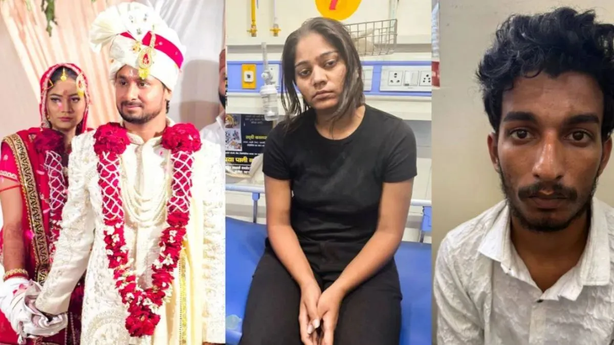 राजा रघुवंशी के साथ सोनम। दूसरी तस्वीर में आरोपी राज