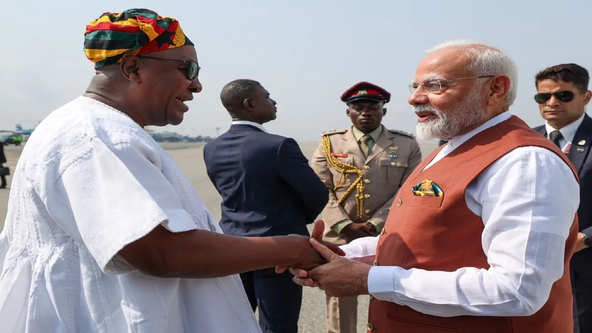 Ghana President John Mahama received PM Narendra Modi as he arrived in Accra for a two-day visit.- India TV Hindi