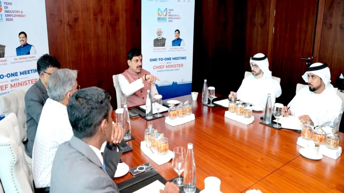 दुबई में बैठक करते हुए सीएम मोहन यादव- India TV Hindi