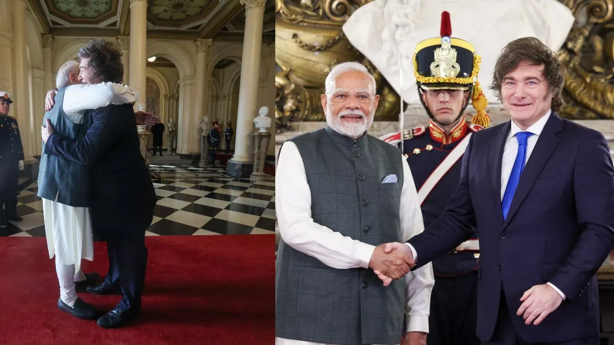 पीएम मोदी से आत्मीयता से गले मिलते और स्वागत करते अर्जेंटीना के राष्ट्रपति जेवियर मिलेई।- India TV Hindi