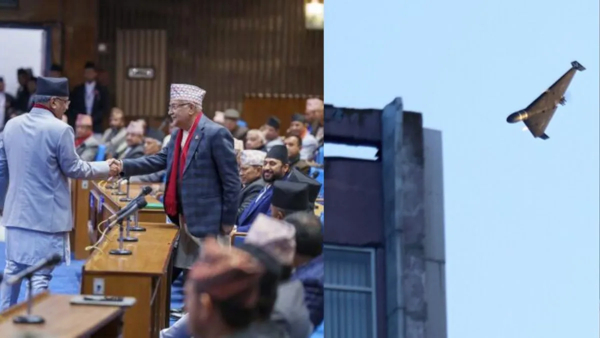 नेपाल की पार्लियामेंट और बिल्डिंग को हिट करते ड्रोन की प्रतीकात्मक फोटो।