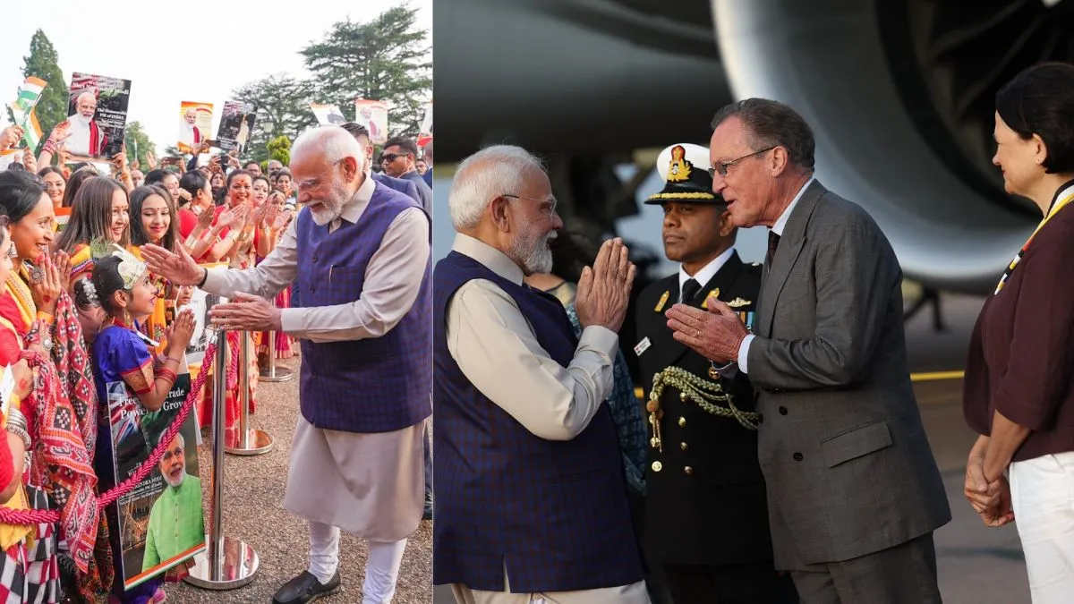 लंदन पहुंचने पर पीएम मोदी का स्वागत करते भारतीय समुदाय के लोग (बाएं) और यूके के प्रतिनिधि (दाएं)
