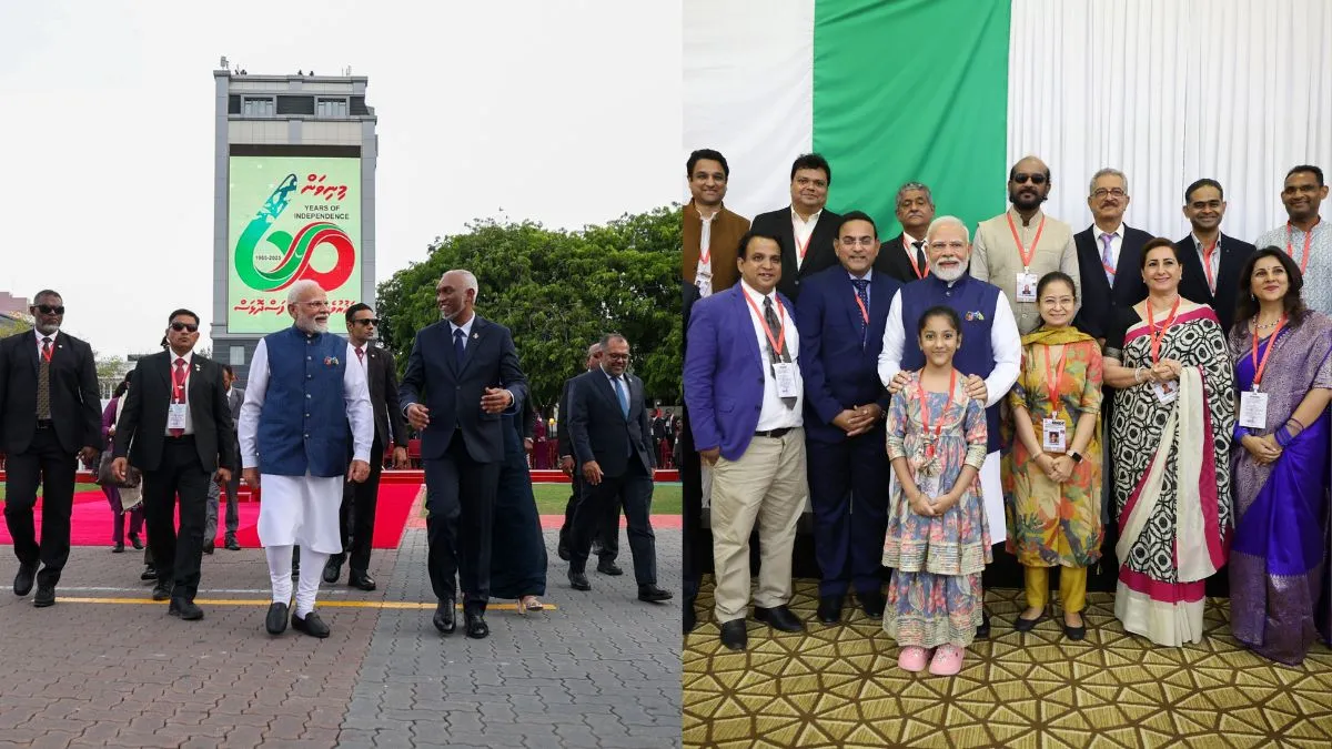 मालदीव के स्वतंत्रता दिवस समारोह में शामिल होने जाते पीएम मोदी और राष्ट्रपति मुइज्जू (बाएं) व भारतीय- India TV Hindi