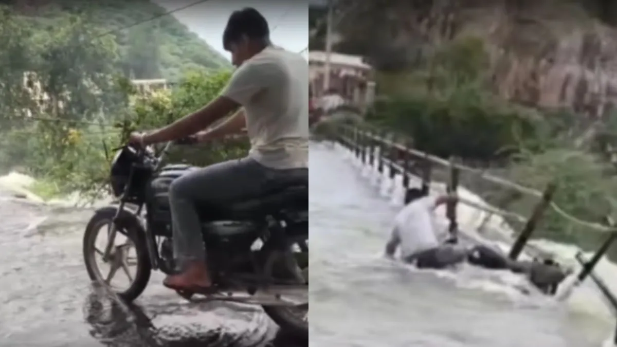 ऊफनती नदी में डूबे पुल को पार करते हुए बाइक सवार- India TV Hindi