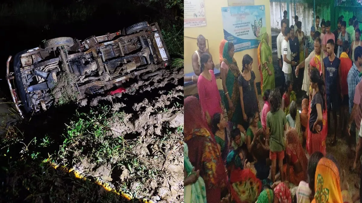 गड्ढे में जा गिरी वैन