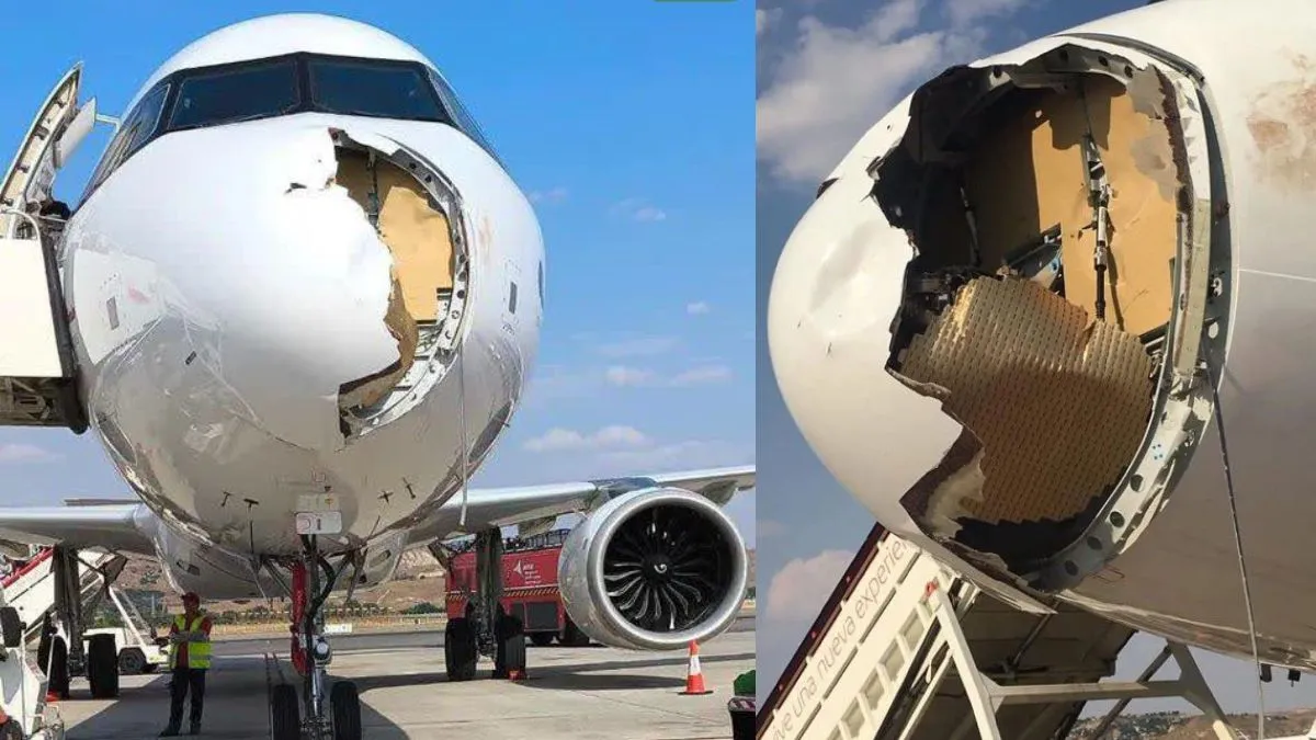 पक्षी से टकराने के बाद विमान की हालत हुई खस्ता।- India TV Hindi