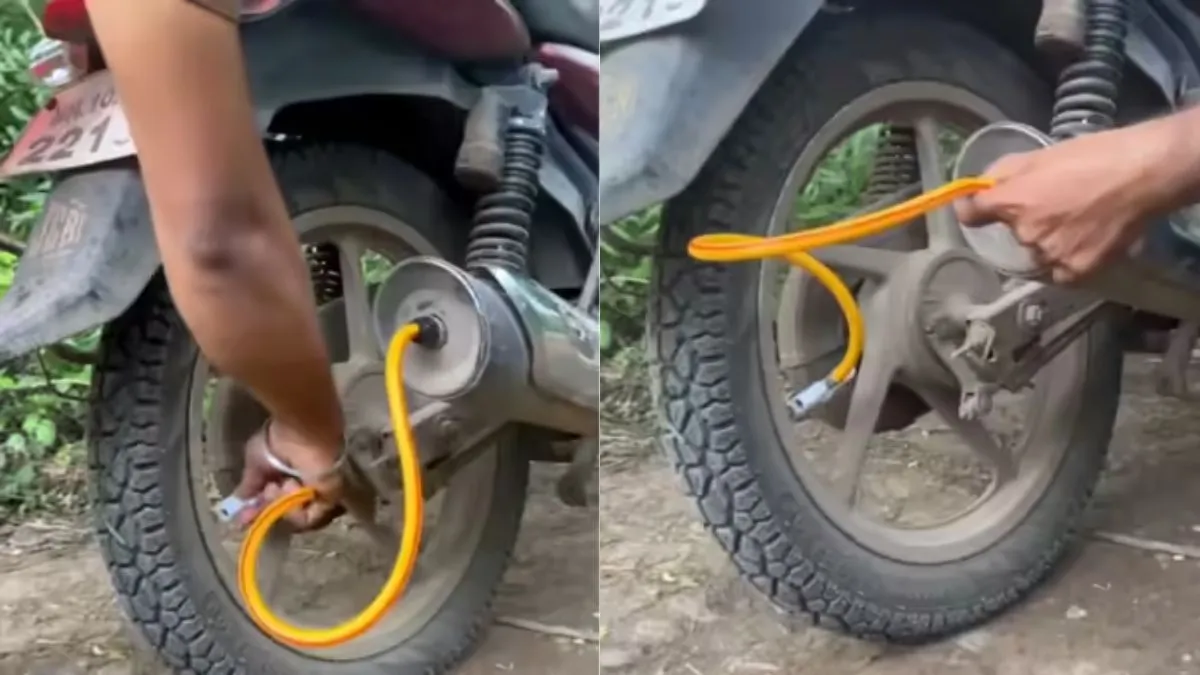 how to fll air in bike tyre, bike tyre air jugaad, desi jugaad video, desi jugaad viral video, desi - India TV Hindi