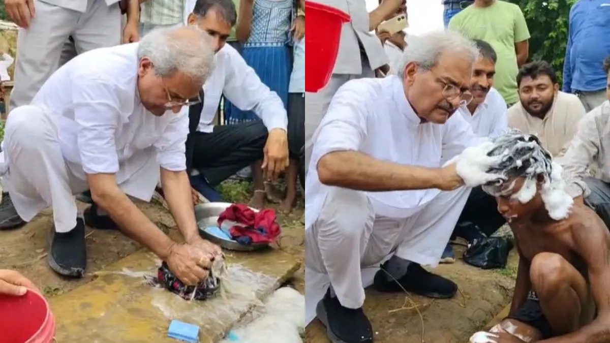 बच्चे को नहलाते और कपड़ा धोते सांसद जनार्दन मिश्रा- India TV Hindi