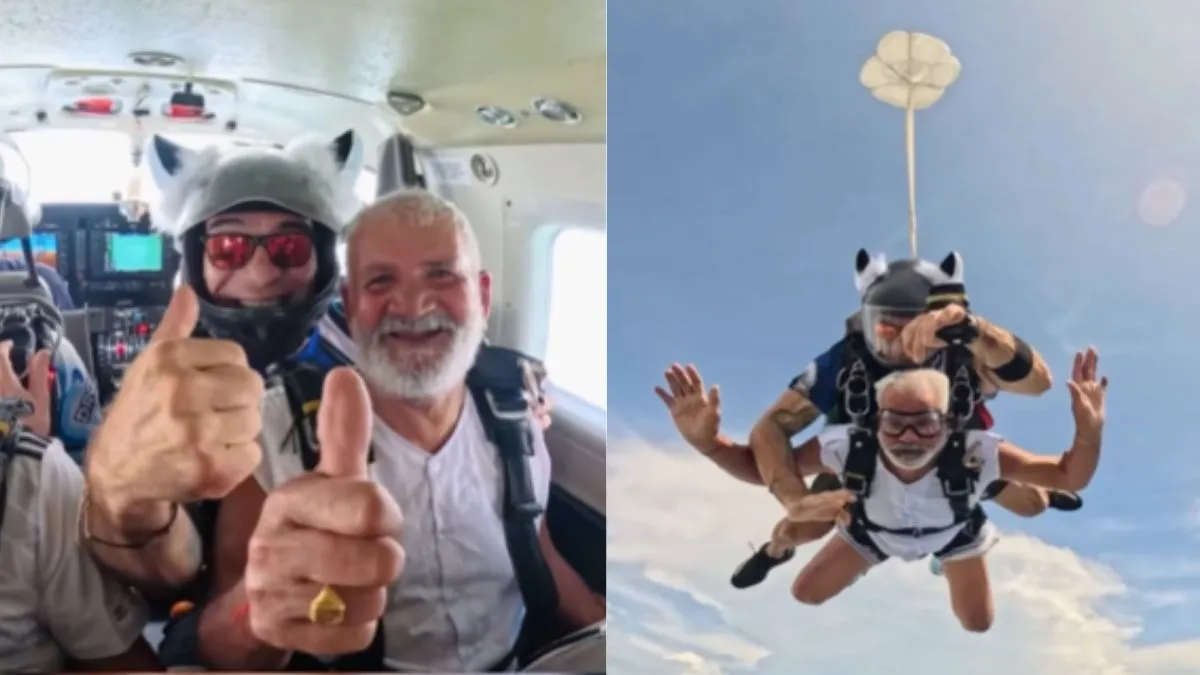 haryana old man skydives,haryana old man skydiving, haryana old man skydives video, viral video, vir- India TV Hindi