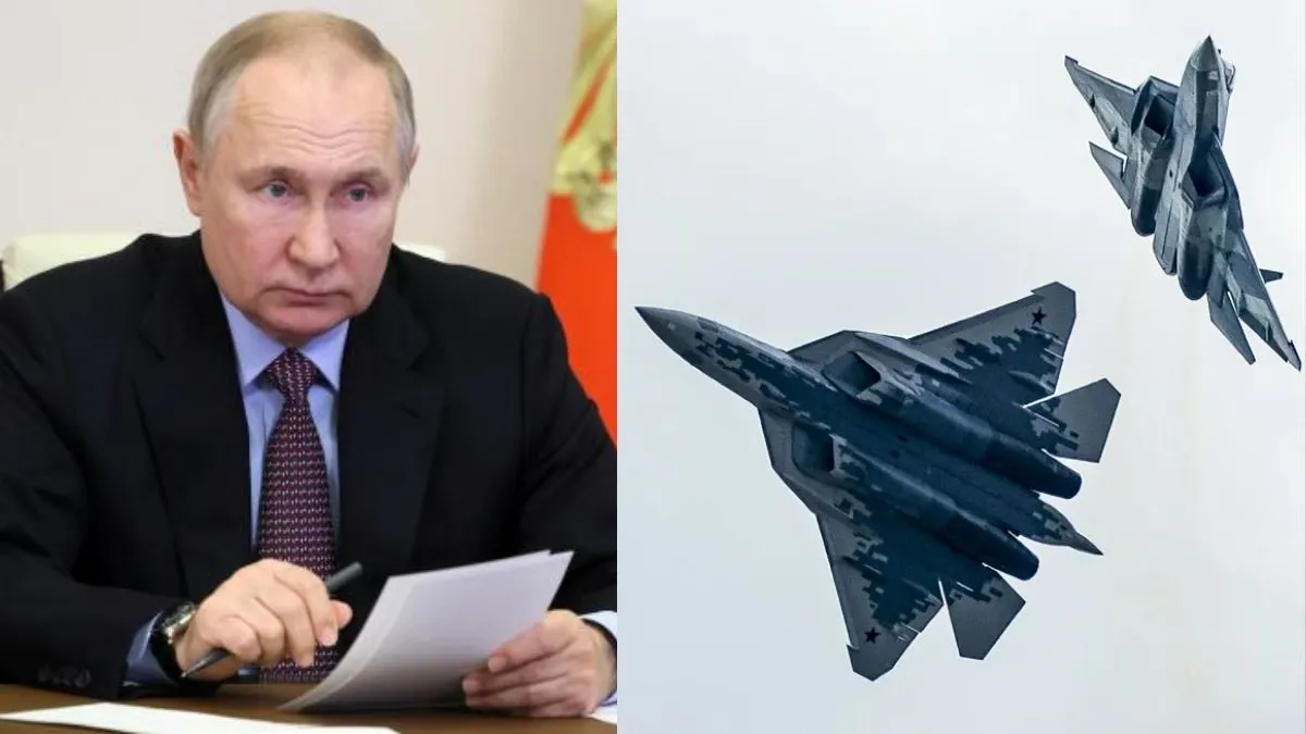 रूस के राष्ट्रपति व्लादिमिर पुतिन और सुखोई-57 जेट।- India TV Hindi