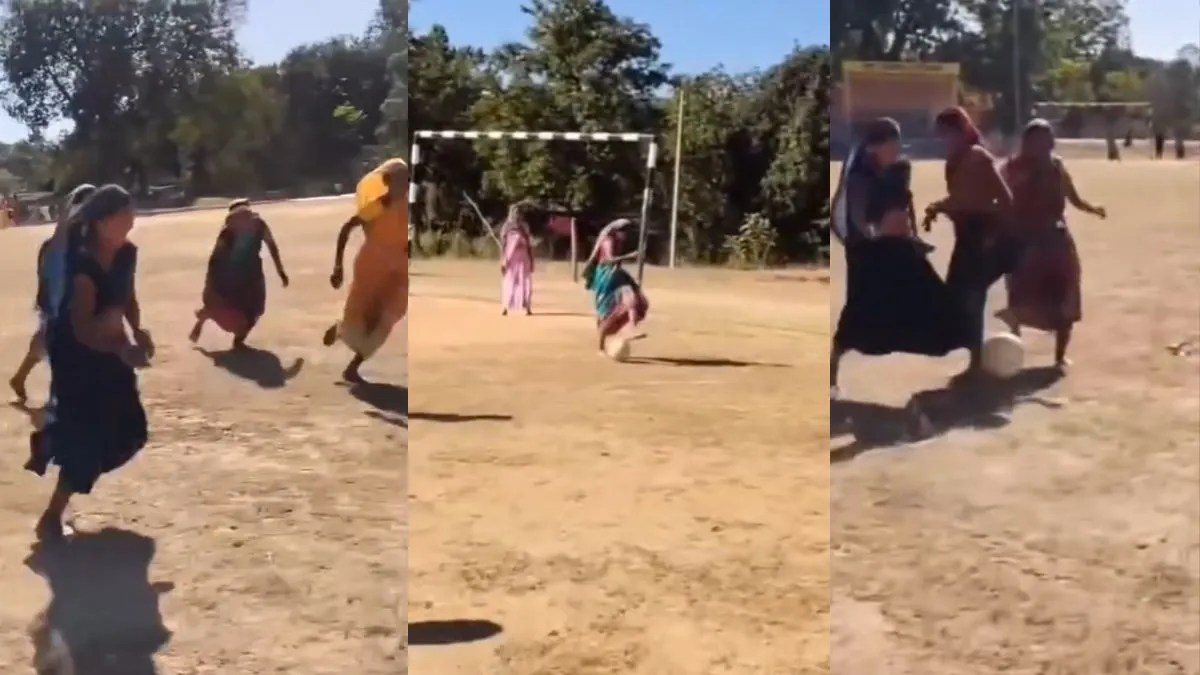 साड़ी पहनकर महिलाओं ने खेला फुटबॉल।- India TV Hindi