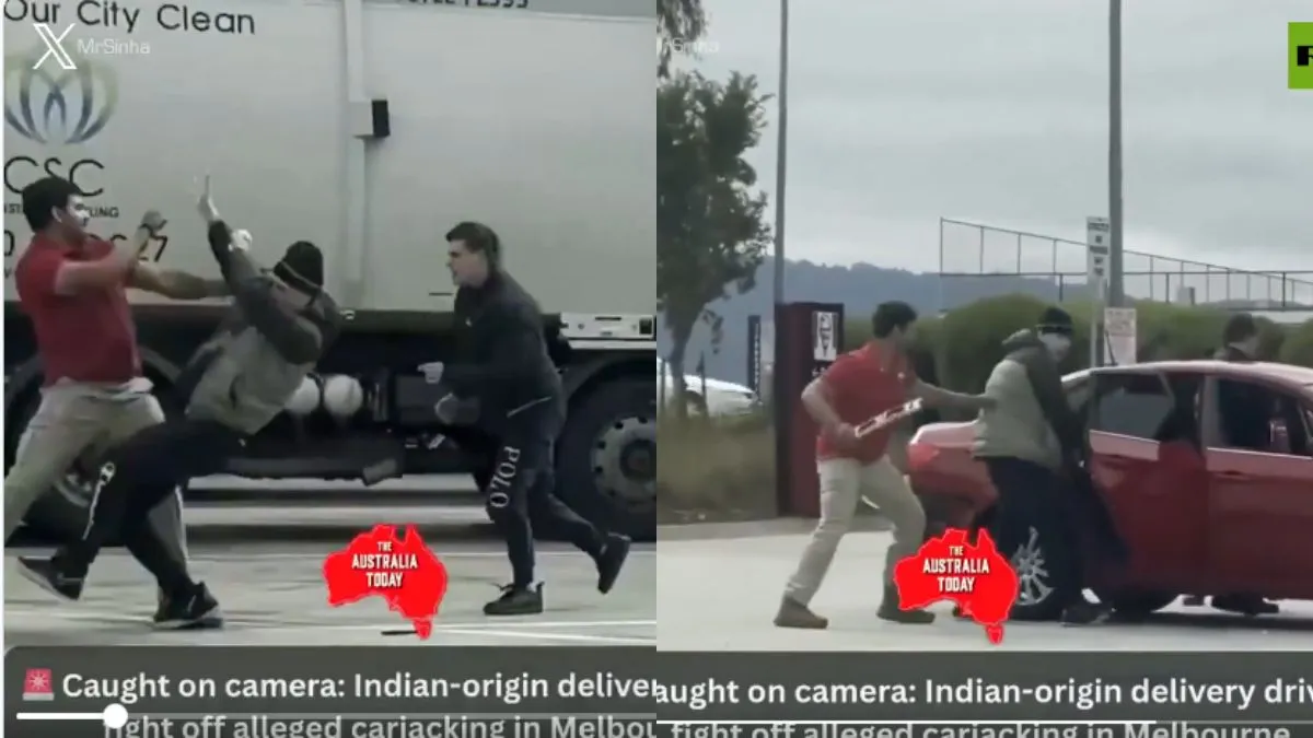 लाल टी-शर्ट में भारतीय मूल का ड्राइवर दोनों लुटेरों की पिटाई करता हुआ। - India TV Hindi