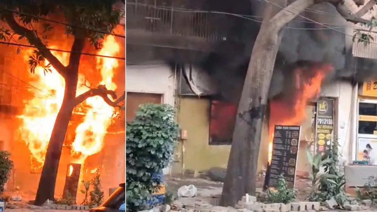 गुरुग्राम की सेक्टर-17 मार्केट में सिलेंडर ब्लास्ट, फास्ट फूड की दुकान सेकंडों में जलकर राख हो गई; VIDEO