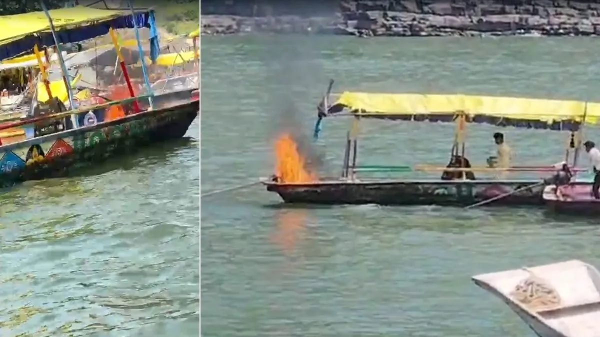 ओंकारेश्वर में नर्मदा नदी में चलती नाव से उठीं आग की लपटें, 6 श्रद्धालुओं को सुरक्षित बचाया गया; VIDEO
