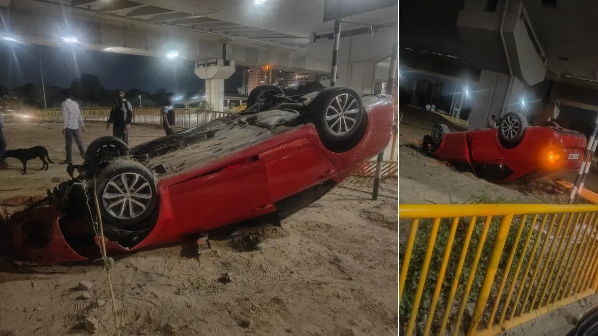 गुरुग्राम में बेकाबू स्कोडा कार हवा में उछली, लोहे की ग्रिल तोड़कर ग्रीन बेल्ट में जा पलटी; ड्राइवर की हालत गंभीर