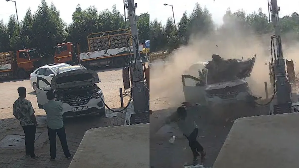 CNG भरवाते समय कार में जोरदार ब्लास्ट, उड़े परखच्चे; देखें दिल दहलाने वाला CCTV फुटेज