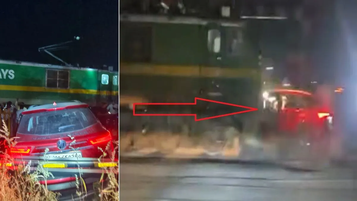 रेलवे ट्रैक पर फंसी कार को ट्रेन ने उड़ा दिया… ड्राइवर कैसे बच गया? हादसे का LIVE वीडियो आया सामने