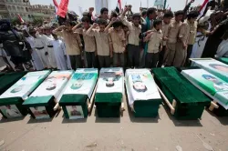 Yemeni people attend the funeral of victims of a Saudi-led airstrike in Saada | AP - India TV Hindi