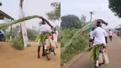 सिर पर गन्ने का गठ्ठर रखकर बेटी के घर साइकिल चलाकर जाते हुए बुजुर्ग पिता।- India TV Hindi