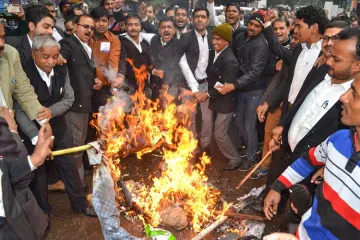 <p>People burn a Pakistani flag during a protest against...- India TV Hindi