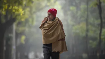 A man wrapped in wollen walks on a road during a cold winter day, in New Delhi.- India TV Hindi
