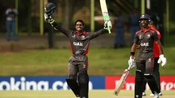 Jonathon Figy of UAE celebrates his century during the ICC U19 Cricket World Cup - India TV Hindi