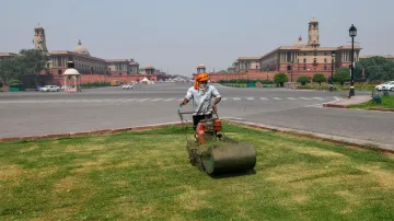 <p>New Delhi: A gardener wearing a face mask mows the lawn...- India TV Hindi