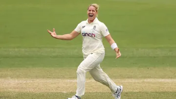 Katherine Brunt of England celebrates taking the wicket of Meg Lanning of Australia during day four - India TV Hindi