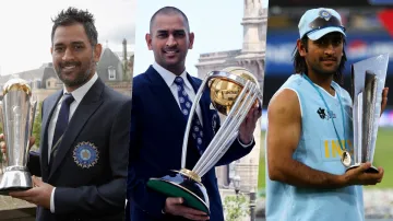 <p>MS Dhoni holding 2013 Champions Trophy, 2011 World Cup...- India TV Hindi