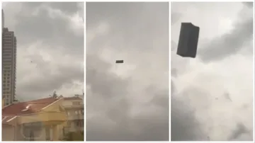 Flying Sofa omg Video sofa flying in sky during windstorm viral video on social media- India TV Hindi