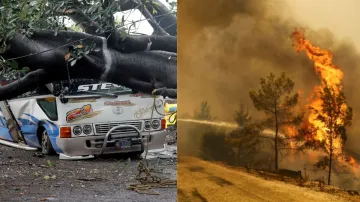 अलसल्वाडोर में बारिश के कारण कार पर गिरा पेड़ (बाएं) और तुर्की में लगी आग (दाएं)- India TV Hindi