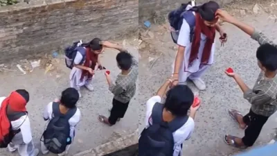 VIDEO: स्कूली बच्चों पर चढ़ा आशिकी का भूत, लड़के ने बीच सड़क पर भर दी लड़की  की मांग - India TV Hindi