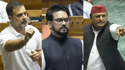 लोकसभा में बोलते हुए राहुल गांधी, अनुराग ठाकुर और अखिलेश यादव - India TV Hindi