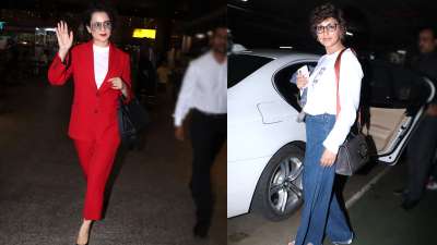 कंगना रनौत और सोनाली बेंद्रे को मुंबई एयरपोर्ट पर स्पॉट किया गया। रेड कलर के कोट-पैंट में कंगना ग्लैमरस लुक में नज़र आईं, जबकि सोनाली बेंद्रे सिंपल अंदाज में दिखाई दीं।