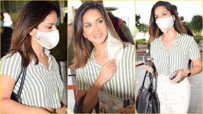 बॉलीवुड अभिनेत्री सनी लियोनी मुंबई एयरपोर्ट पर कैमरे में कैद की गईं। इस सनी कैजुअल अटायर में नजर आई।&amp;nbsp; कोरोना वायरस से बचने के लिए एहतियातन उन्होंने मास्क भी पहना था। &amp;nbsp;