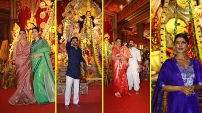 आज दुर्गा पूजा का आखिरी दिन है। नौ दिनों तक ये पर्व धूमधाम से मनाया गया। बॉलीवुड में भी इस पर्व की धूम रही। मुखर्जी परिवार ने हर साल की तरह इस बार भी खास आयोजन किया, जिसमें फिल्मी सितारों ने शिरकत की। नवरात्र के आठवें दिन यानी अष्टमी पर माता के पंडाल में लोगों ने खूब मस्ती की और भोग ग्रहण कर देवी मां का आशीर्वाद लिया। कई फिल्मी सितारे छाए नजर आए।