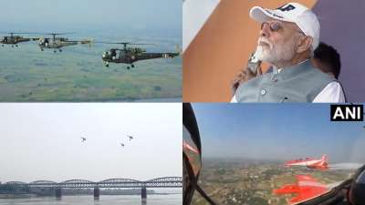 प्रधानमंत्री नरेंद्र मोदी ने वाराणसी के नमो घाट पर भारतीय वायुसेना का भव्य ‘एयर शो’ देखा। वायुसेना के विमानों ने आसमान में तिरंगे की छटा बिखेरी। तीन किरण विमानों ने ‘V’ आकार में उड़ान भरी, जबकि एमआई-17 हेलीकॉप्टर ने ‘ओंकार’ की आकृति बनाते हुए राष्ट्रीय ध्वज के साथ उड़ान भरी। प्रधानमंत्री नरेंद्र मोदी ने वाराणसी के नमो घाट पर भारतीय वायुसेना का भव्य ‘एयर शो’ देखा। वायुसेना के विमानों ने आसमान में तिरंगे की छटा बिखेरी। तीन किरण विमानों ने ‘V’ आकार में उड़ान भरी, जबकि एमआई-17 हेलीकॉप्टर ने ‘ओंकार’ की आकृति बनाते हुए राष्ट्रीय ध्वज के साथ उड़ान भरी।