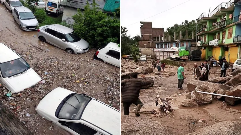करसोग में हालात बादल फटने के जैसे ही हैं। भारी सैलाब में दर्जनों रास्ते टूट गये हैं। बादल फटने से आई बाढ़ के बाद गाद और मलबे में फंसे वाहन।

