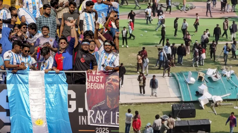 फिर लियोनल मेसी निर्धारित समय से ही बाहर निकल गए और उनके बाहर निकलते ही फैंस का गुस्सा फूट पड़ा। मैदान में बोतलें और फिर प्लास्टिक की कुर्सियां भी फेंकी गईं। बैनर और होर्डिंग फाड़ दिए गए, बड़ी संख्या में सीटें तोड़ दी गईं और भीड़ ने मैदान के कुछ हिस्सों में जबरन घुसने के लिए बैरिकेड्स को तोड़ने की कोशिश की। लाउडस्पीकर पर अनाधिकृत व्यक्तियों को मैदान छोड़ने के लिए बार-बार की गई घोषणाओं का कोई असर नहीं दिखा।