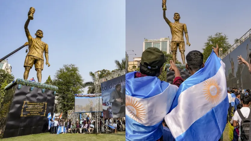 लियोनल मेसी के साथ भारत दौरे पर लुइस सुआरेज और रोड्रिगो डी पॉल भी भारत आए हैं। जैसे ही वह कोलकाता पहुंचे, तो सुबह करीब 11:30 बजे मेसी ने अपनी 70 फीट ऊंची प्रतिमा का अनावरण किया। प्रतिमा में वह फीफा वर्ल्ड कप की ट्रॉफी पकड़े हुए दिखाई दे रहे हैं।
