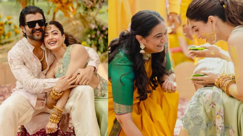 हल्दी की रस्म की तस्वीरें साझा करते हुए रश्मिका ने कैप्शन में लिखा, 