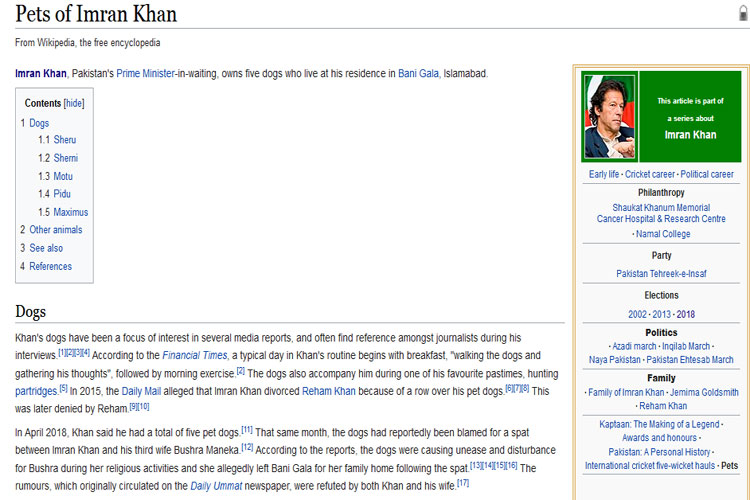 Pakistan: Imran Khan's pet dogs get Wikipedia page, confirms online encyclopedia Pakistan: Imran Khan's pet dogs get Wikipedia page, confirms online encyclopedia- India TV Hindi