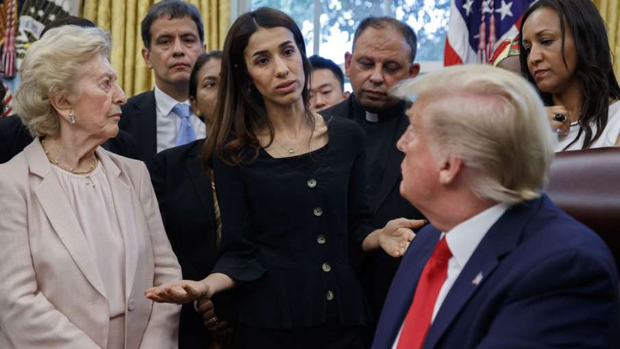 President Donald Trump listens to Nobel Peace Prize winner Nadia Murad, a Yazidi from Iraq | AP President Donald Trump listens to Nobel Peace Prize winner Nadia Murad, a Yazidi from Iraq | AP- India TV Hindi