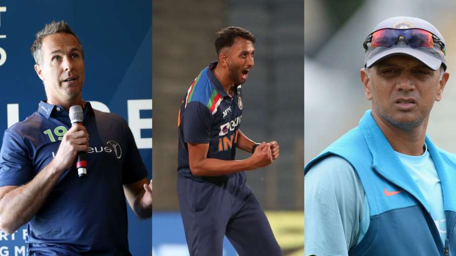 Michael Vaughan, Prasidh Krishna and Rahul Dravid Michael Vaughan, Prasidh Krishna and Rahul Dravid- India TV Hindi