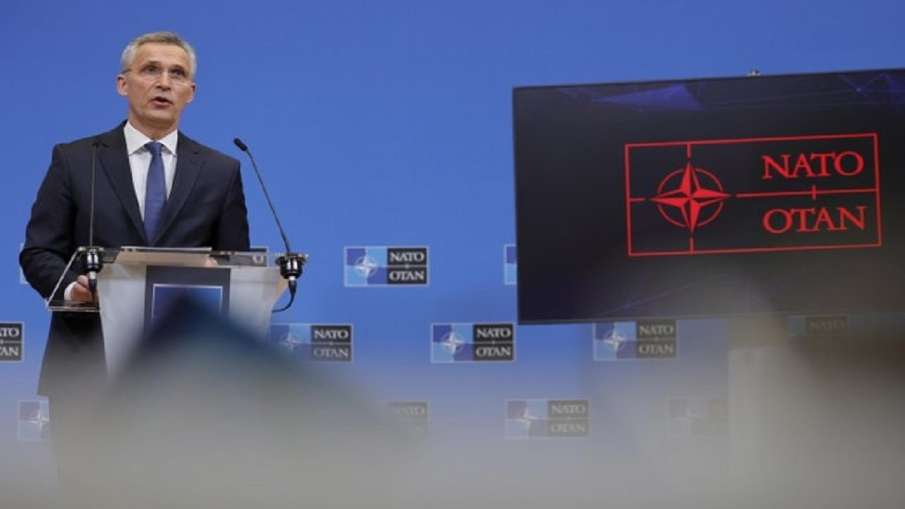 NATO Secretary General Jens Stoltenberg speaks during a media conference after a meeting of the NATO- India TV Hindi