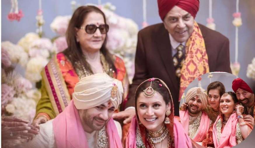 Karan Deol and Drisha Acharya pose with Dharmendra and his first wife Prakash Kaur- India TV Hindi