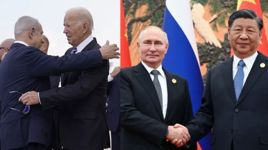 पहली तस्वीर में इजराइली राष्ट्रपति बेंजामिन नेतन्याहू और अमेरिकी राष्ट्रपति जो राजदूत और दूसरी तस्वीर आर- इंडिया टीवी हिंदी में